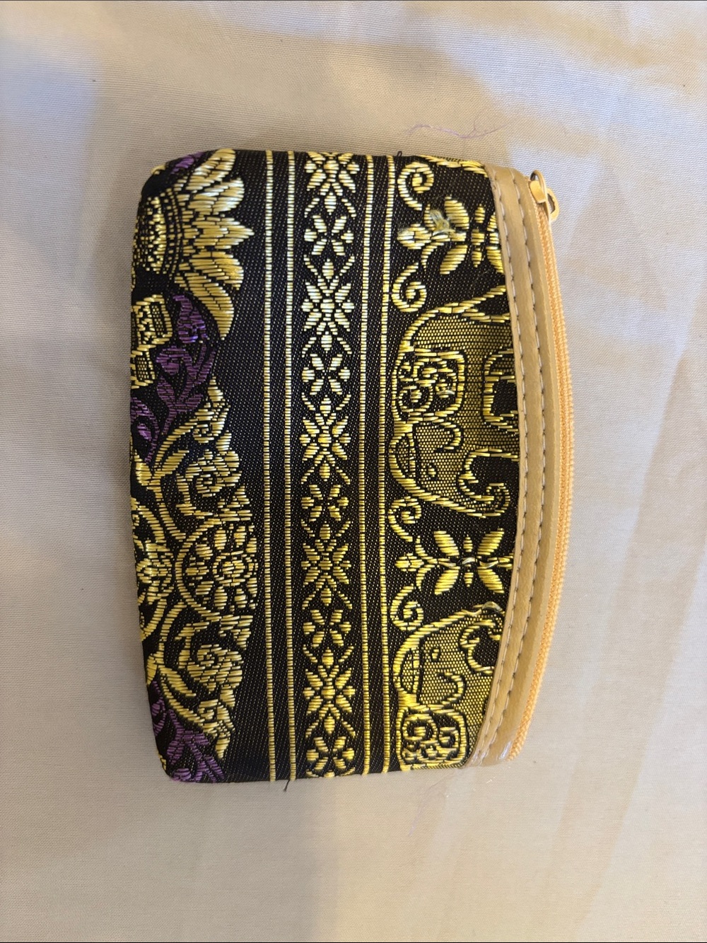Traditional Thai Black and Gold Brocade Cosmetic Coin Pouch with Purple Detail